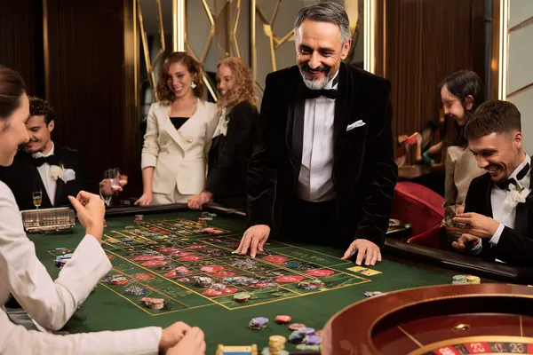 A confident dealer surrounded by casino chips inviting players to access their JILI7979 account, reflecting quick and easy login options.